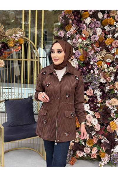 NPRIVE Mono Yaka Aksesuar Detaylı Trenç Kahve