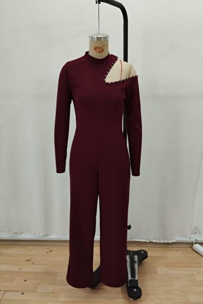 Mossta One Shoulder Turtleneck Stone Imported Crepe Jumpsuit - Burgundy