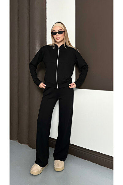 mielva Women's Black Modal Fabric piped Wide Leg Zippered Tracksuit Set