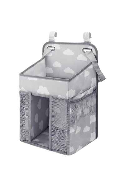 PETITE Mini crib organizer with 4 compartments for diapers, wipes and toys, gray with clouds