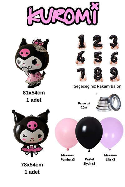 PARTİAVM Çift Rakam Kuromili Balon Set Doğum Günü Balon Set Siyah Rakam Helyu...