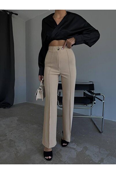 HA-KA GİYİM Women's piped Full Stretch Fabric Palazzo Pants Pull-On No Fading