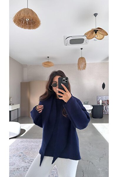 Buket Teke Pulover moale cu detaliu șal bleumarin