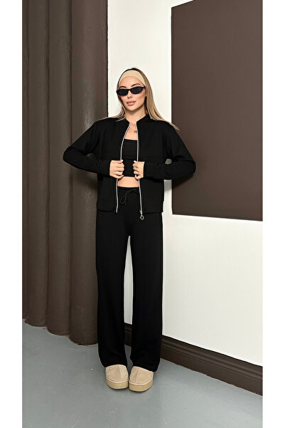 mielva Women's Black Modal Fabric piped Wide Leg Zippered Tracksuit Set