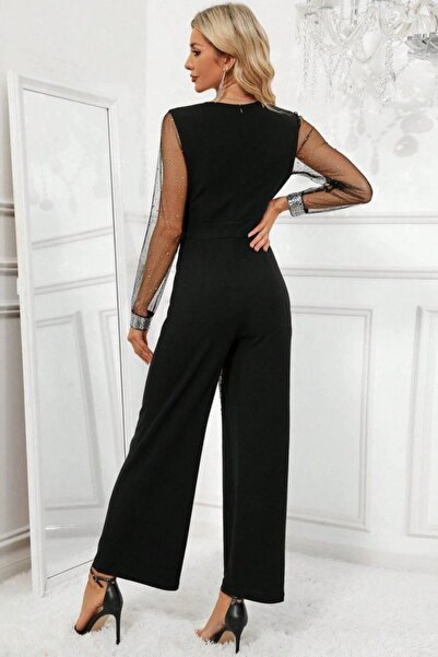 Mossta V-Neck Sequined Long Imported Crepe Jumpsuit - Black
