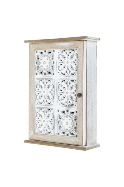 VENITIVO VINDEM CELOR INTELIGENTI Rustic White Wooden Key Box VENITIVO, 6 Hooks, Embossed Door with Magnetic Closure, 21 x 28.5 x 7 cm