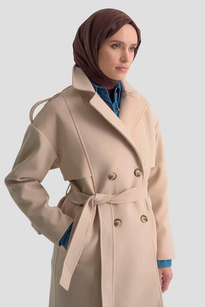 Armine TREND Epaulet Detailed Allerli Lined Belted Cashmere Coat Capicino 25Kt729