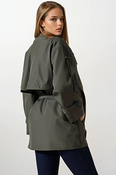VAGGON Жіночий хакі пояс з деталями, круазе комір, пояс на застібці, тренчкот Vs01665