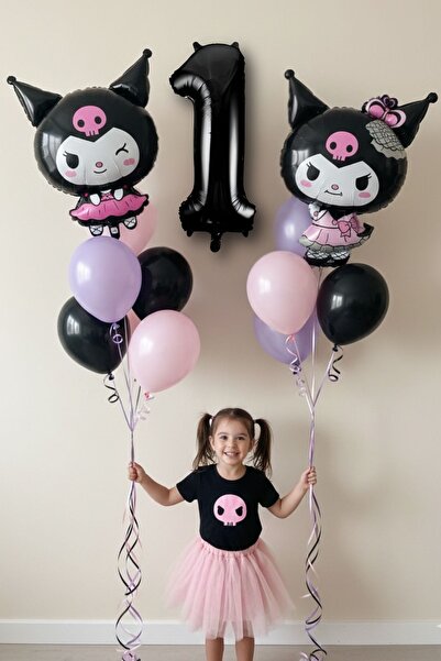 PARTİAVM 1 Yaş Kuromili Balon Set Doğum Günü Balon Set Siyah Rakam Balon Hely...