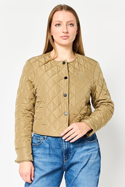Karl Lagerfeld Women Embroidered Logo Long Sleeve Puffer Jacket, Khaki