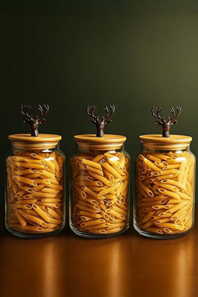 Jenisa 3-piece bamboo lid metal deer figured jar set - medium storage container 890cc - black