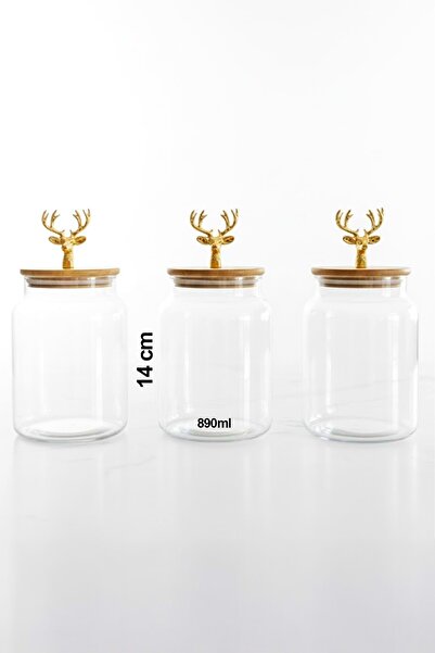 Jenisa Set of 3 Bamboo Lid Metal Deer Figured Jars - Medium Size Storage Container 890Cc - Gold
