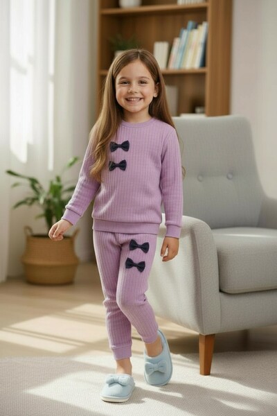 minikiss Bow Detailed Cotton Bottom Top Girls' Two-Piece Set