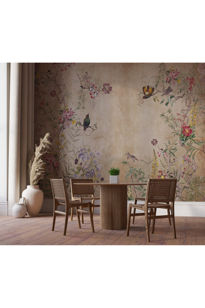 Tasarım Chinoserie Desen Kahve Eskitme Zemin Çiçekler ve Kuşlar Duvar Kağıdı