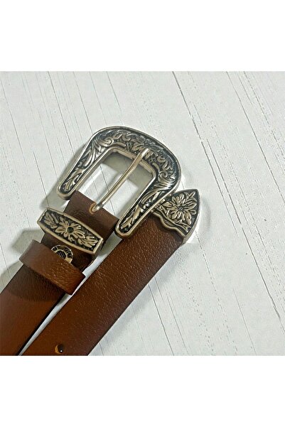 ZEKTON Unisex Genuine Leather 2 cm Western Buckle Belt - Tan Color Carved Cowboy Style Waist Accessory