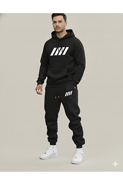 NİCE Three Thread Compact Hooded Cotton Inside Four Stripes B Printed Premium O Oversized Tracksuit Set