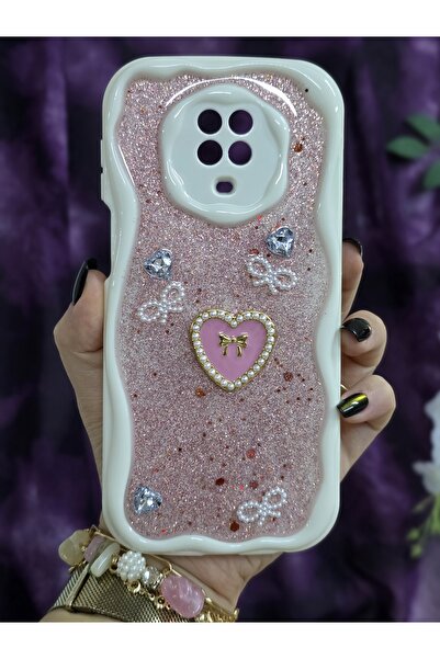 Magic Ring Redmi NOTE 9 PRO - NOTE 9S Uyumlu Kalpli Pembe Simli İnci ve Kurdele Detaylı Şık Telefon Kılıfı