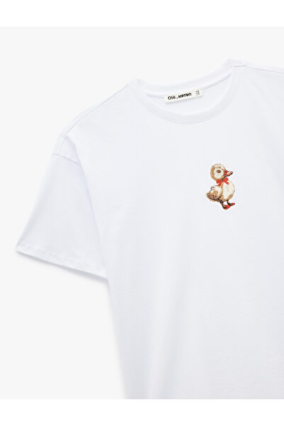 Koton Cotton Short Sleeve Crew Neck Duck Embroidered Oversized T-Shirt