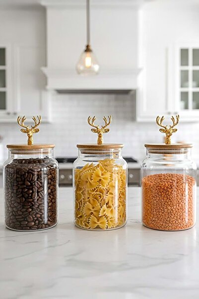 Jenisa Set of 3 Bamboo Lid Metal Deer Figured Jars - Medium Size Storage Container 890Cc - Gold