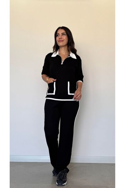 Valeria Butik Black and White Striped Detail Zippered Long Sleeve Double Suit