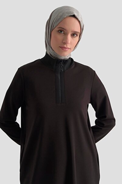 Armine Trend Ribbed Half Zip Crepe Tunic with Sleeves and Collar Black 25Kt456