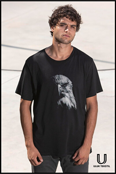 ULUK TEKSTİL تي شيرت أسود للجنسين قصة فضفاضة – كارتال مطبوع ، تصميم النسر ، ق...