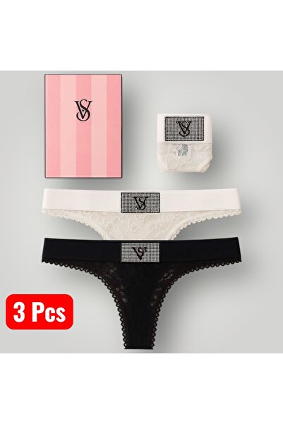 SATTENS 3-пакет дантелени VS камък-отпечатани фантазийни слипове в кутия