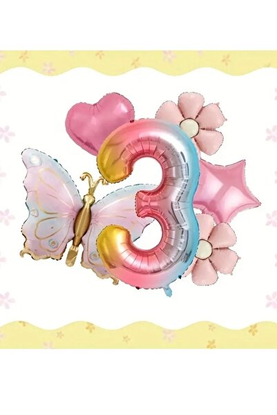 ALYA PARTİ Gökkuşağı Rakam Folyo Balonlu Kelebek Doğum Günü Seti
