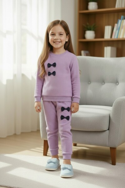 minikiss Bow Detailed Cotton Bottom Top Girls' Two-Piece Set