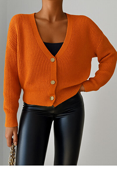 Valeria Butik Women's V-Neck Buttoned Oversize Knitwear Cardigan