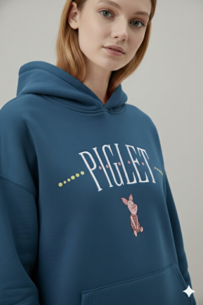 NİCE PIGLET Baskılı 3 İplik Kalın Penye Şardonlu Oversize Kapüşonlu Hoodie Sw...