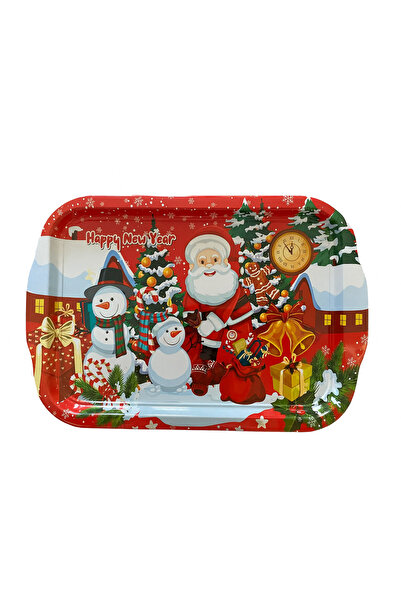 ATAGİFT HEDİYELİK New Year Metal Presentation Tray, Red Christmas Square Serv...