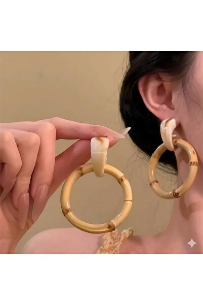 Pelin Aksesuar Açık Bej Doğal Bambu Görünümlü Büyük Halka Küpe