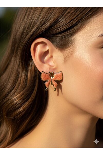 Pelin Aksesuar Salmon Pink Butterfly Steel Earrings