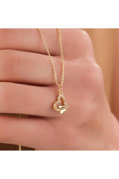 DENİZ Kelebek Figürlü Kalpli Minimal Çelik Kolye