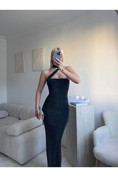 Zora Butik Kuşaklı Straplez Simli Elbise