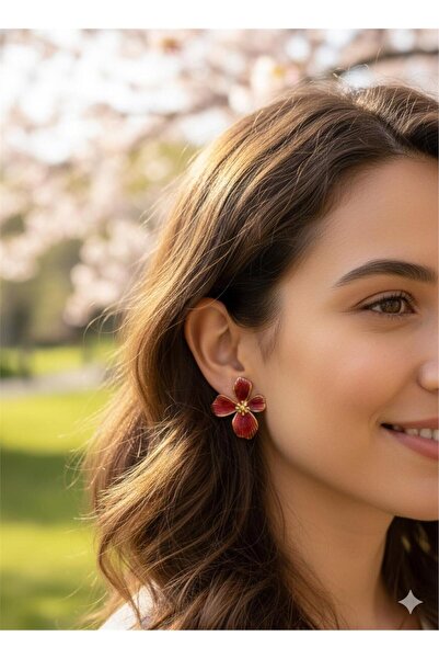 Pelin Aksesuar Burgundy Flower Steel Earrings