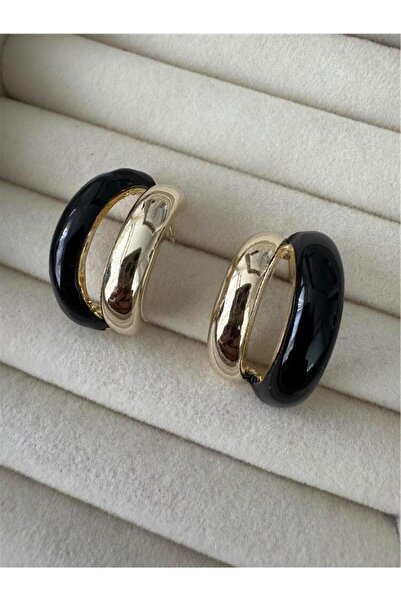 Pelin Aksesuar Siyah Mineli ve Gold Renk İkili Halka Küpe