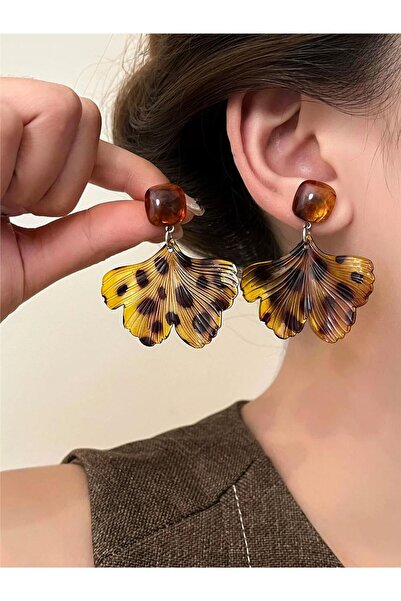 Pelin Aksesuar Leopar Desenli Kehribar Rengi Ginkgo Yaprağı Küpe