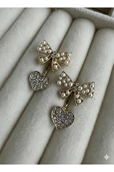 Pelin Aksesuar İnci Boncuklu Fiyonk ve Kalp Detaylı Sallantılı Küpe