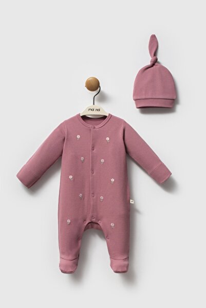HENGAME Moi Noi Baby Girl Plum Flower Embroidered 100% Cotton Oeko-Tex Certified Hat and Romper Set