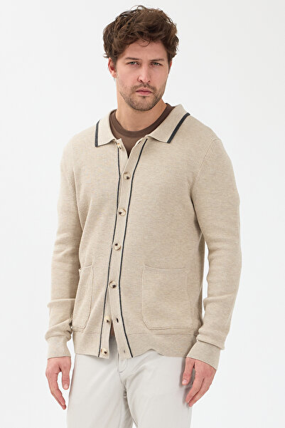 Frappoli Loix Men's Beige Cotton Blend Thessaloniki Knitted Cardigan with Pocket Pockets