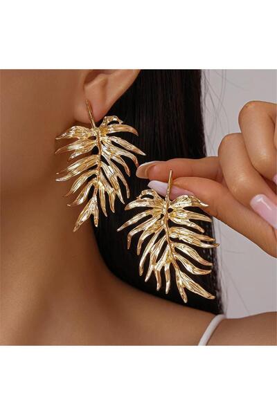 Pelin Aksesuar Büyük Gold Palmiye Yaprağı Tasarım Yazlık Küpe