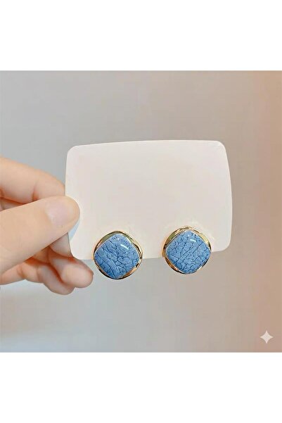 Pelin Aksesuar Mavi Dokulu Mineli Gold Çerçeveli Kare Küpe