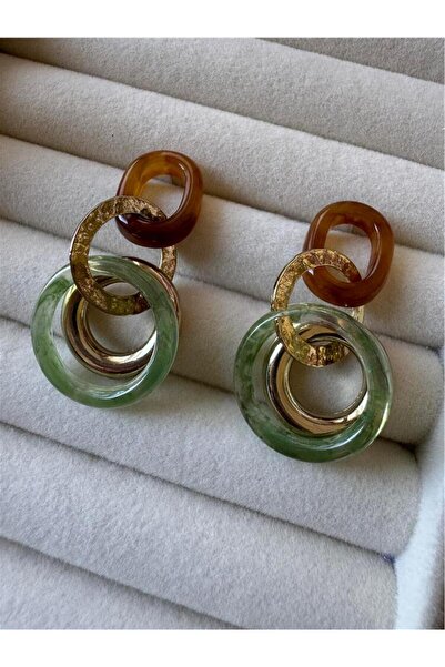 Pelin Aksesuar Yeşil ve Kahverengi Reçine Detaylı Üçlü Geçmeli Halka Küpe