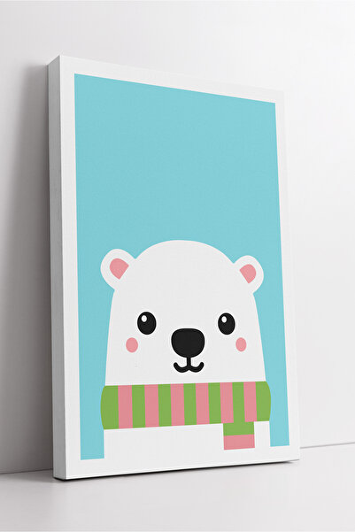 KOSS Dijital Ilustrație de urs polar drăguț cu eșarfă pe fundal albastru, pictură decorativă modernă pe pânză pentru camera copiilor