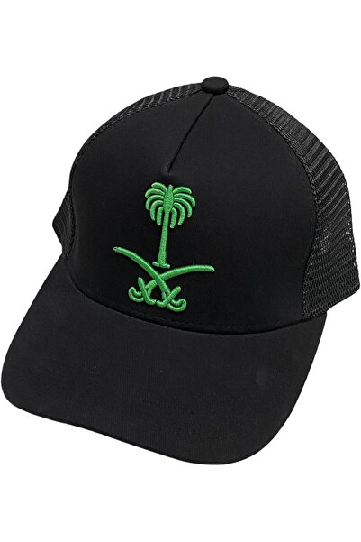 Generic قبعة بيسبول لليوم الوطني مطرزة بسيفين مزدوجين ونخلة خضراء - أسود