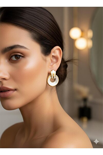 Pelin Aksesuar Cream Circle Steel Earrings