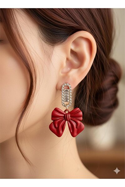 Pelin Aksesuar Kırmızı Fiyonk Figürlü Zirkon Taşlı Küpe