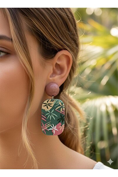 Pelin Aksesuar Yeşil Tropikal Desenli Küpe